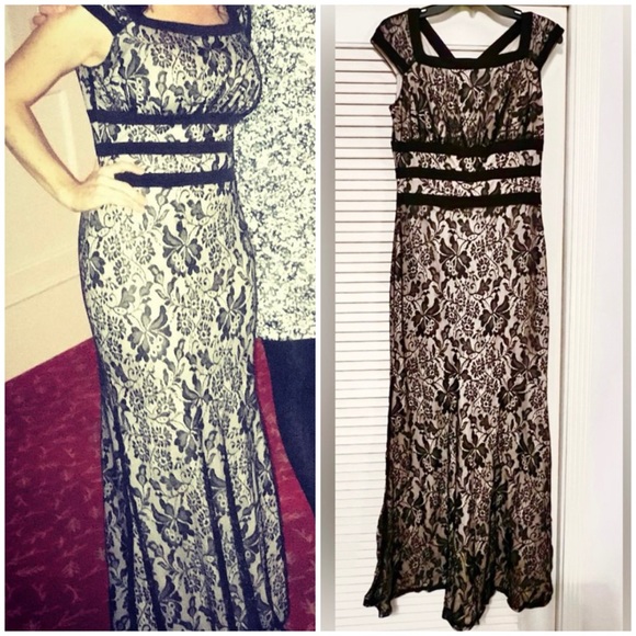 Melrose Women’s Trumpet Evening Gown in Nude/Black Lace Overlay Size 6 - Picture 1 of 13